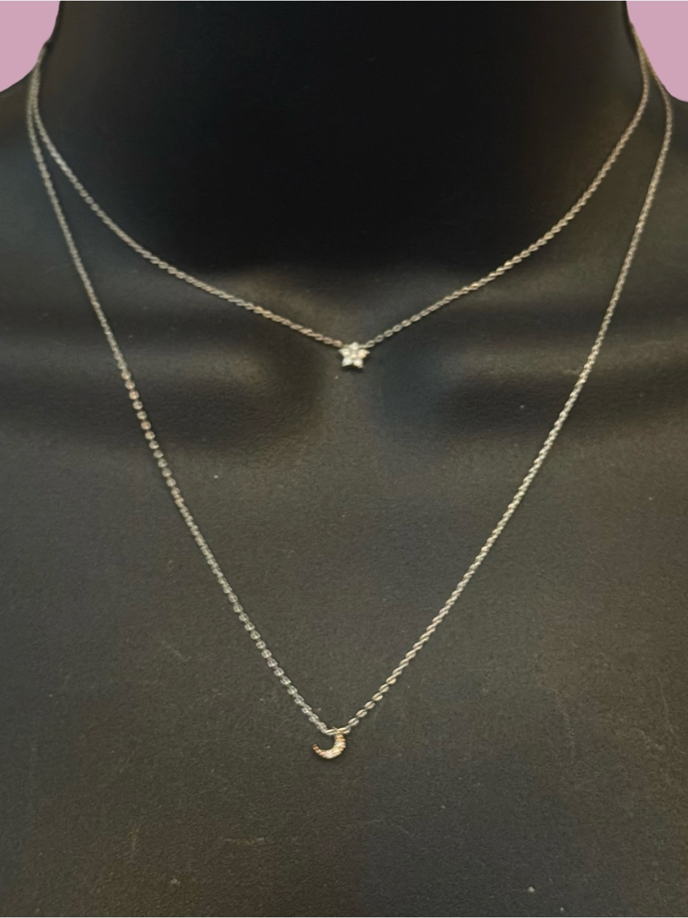 Dainty silver tone layered celestial star and moon necklace